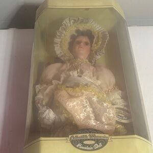 Porcelain Collectible Doll in Yellow & Cream Victorian Dress